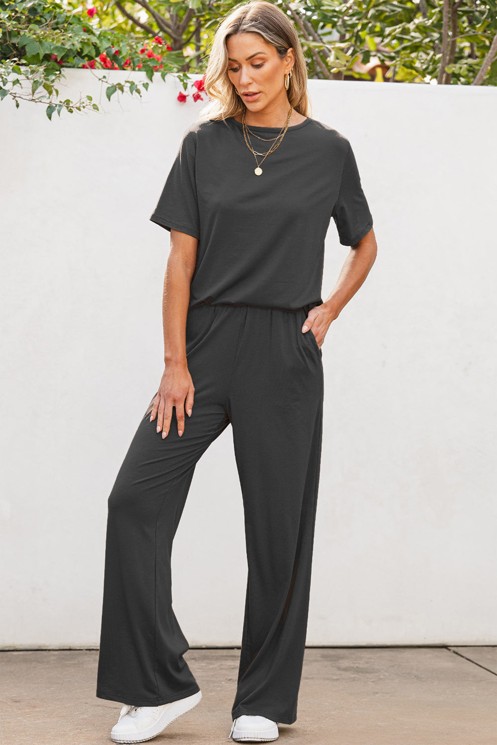 Round Neck Short Sleeve Top and Pants Set