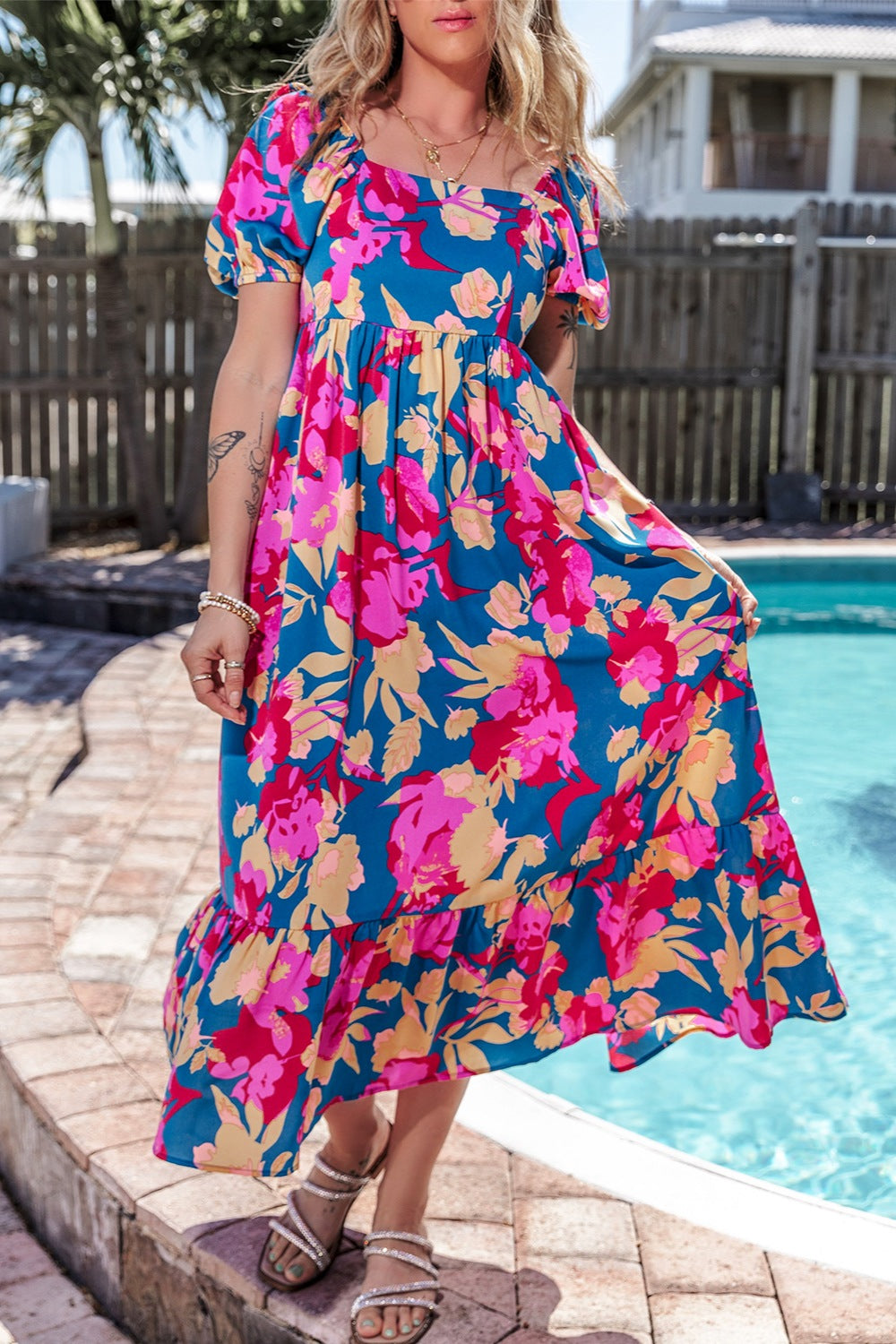 Printed Square Neck Short Sleeve Midi Dress