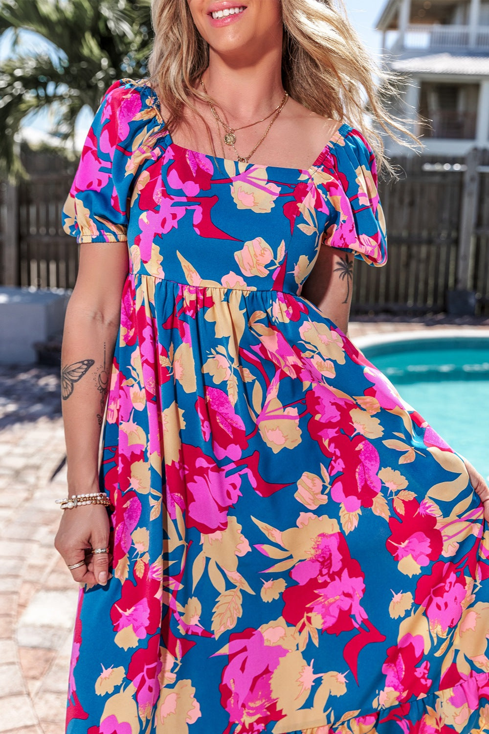 Printed Square Neck Short Sleeve Midi Dress