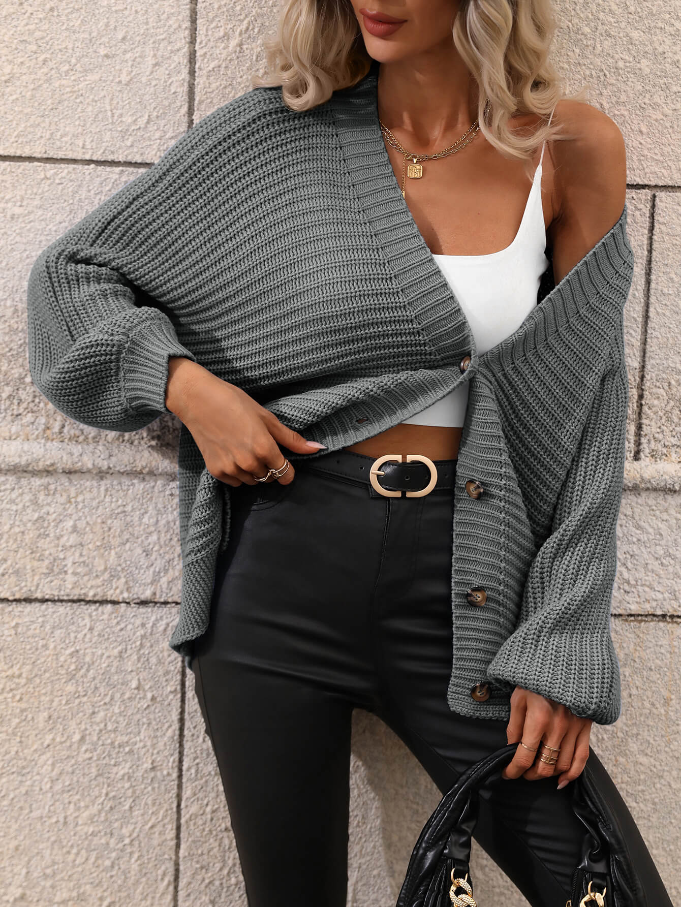 Button Down Horizontal-Ribbing Longline Cardigan