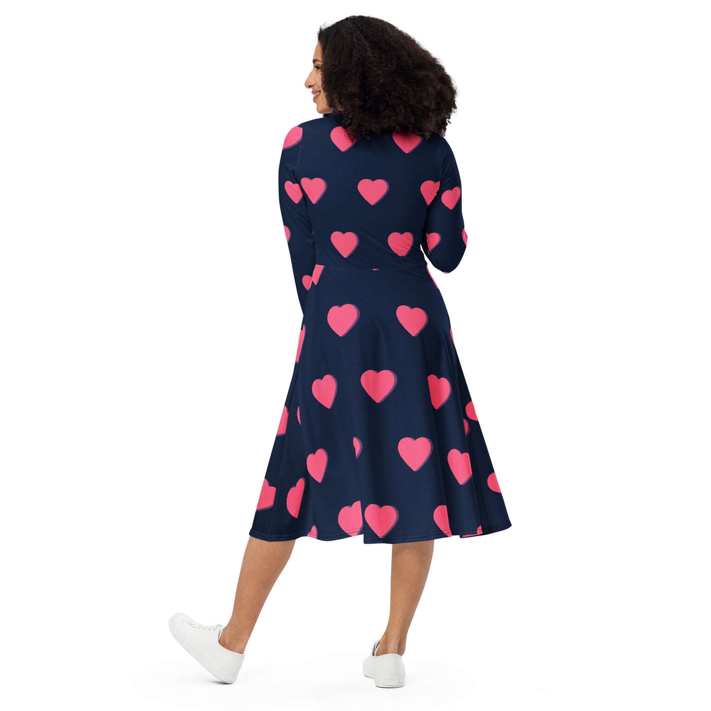 All-over printed hearts long sleeve midi dress