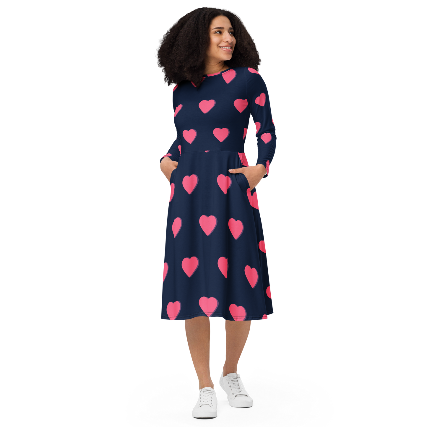 All-over printed hearts long sleeve midi dress