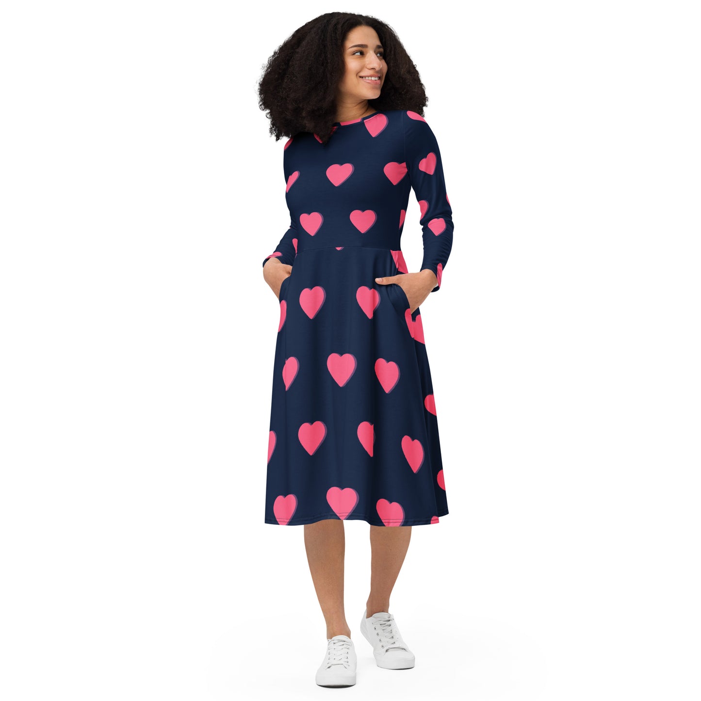 All-over printed hearts long sleeve midi dress