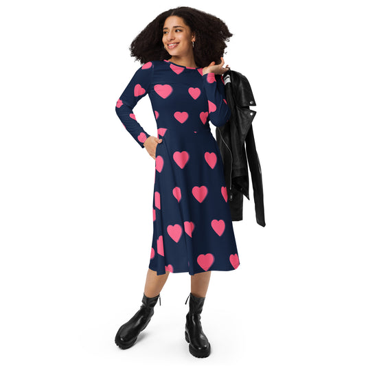 All-over printed hearts long sleeve midi dress