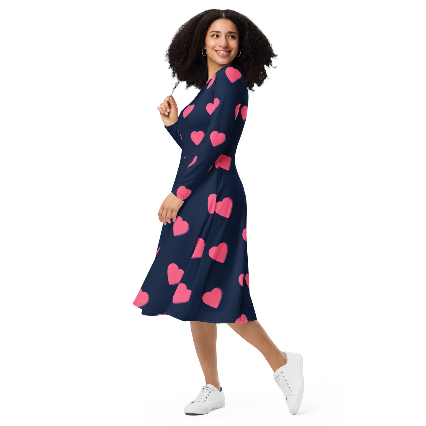 All-over printed hearts long sleeve midi dress