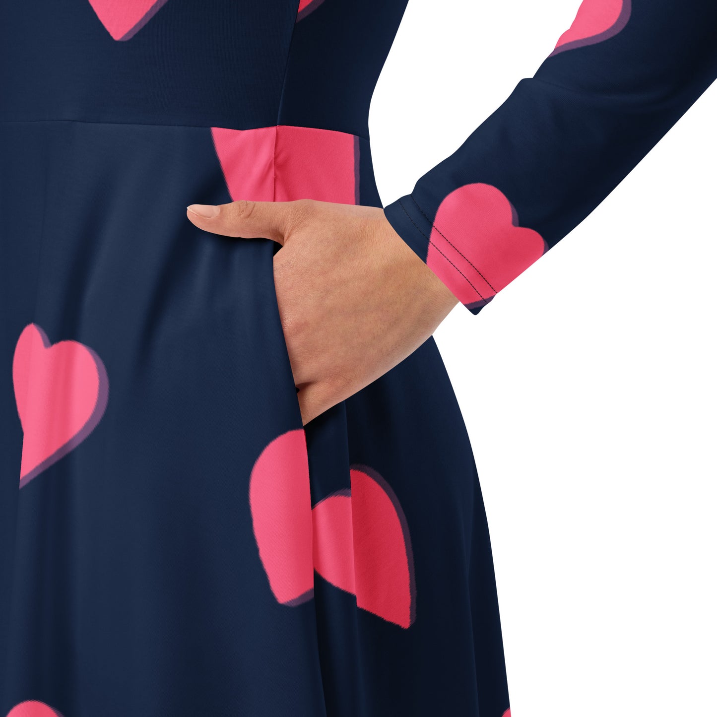 All-over printed hearts long sleeve midi dress