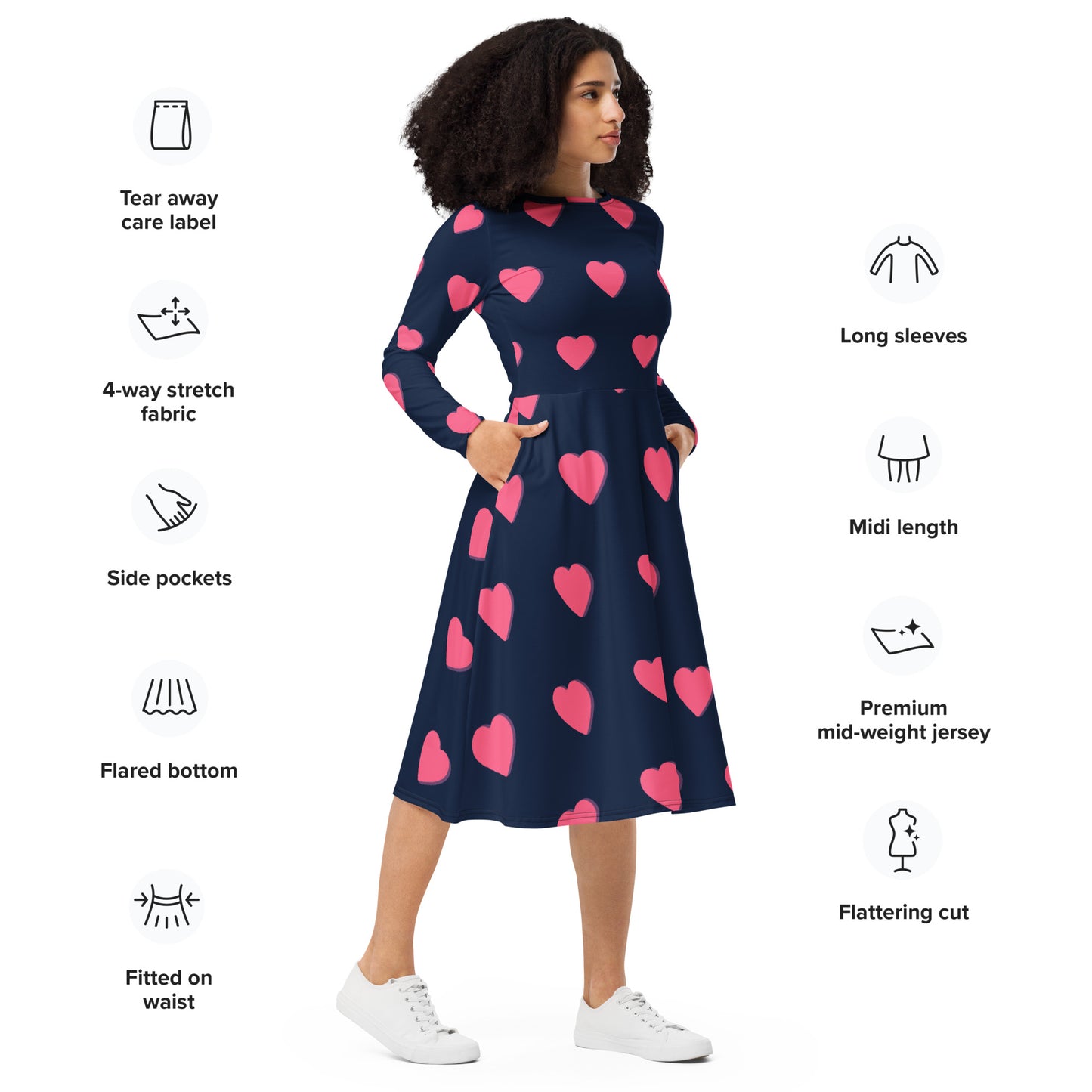 All-over printed hearts long sleeve midi dress