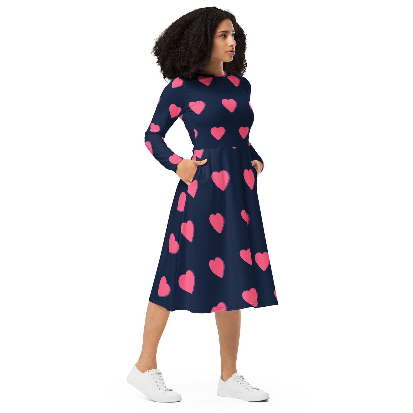 All-over printed hearts long sleeve midi dress